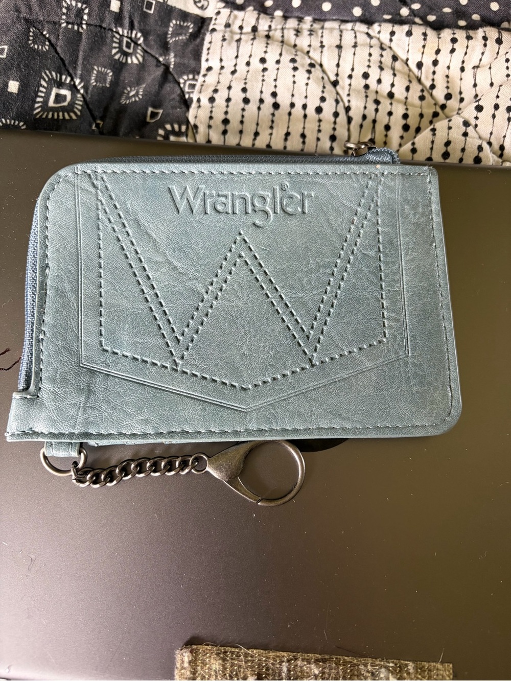 Light blue Wrangler zipper top,coin,3 card holder,clasp hook/key chain,slim